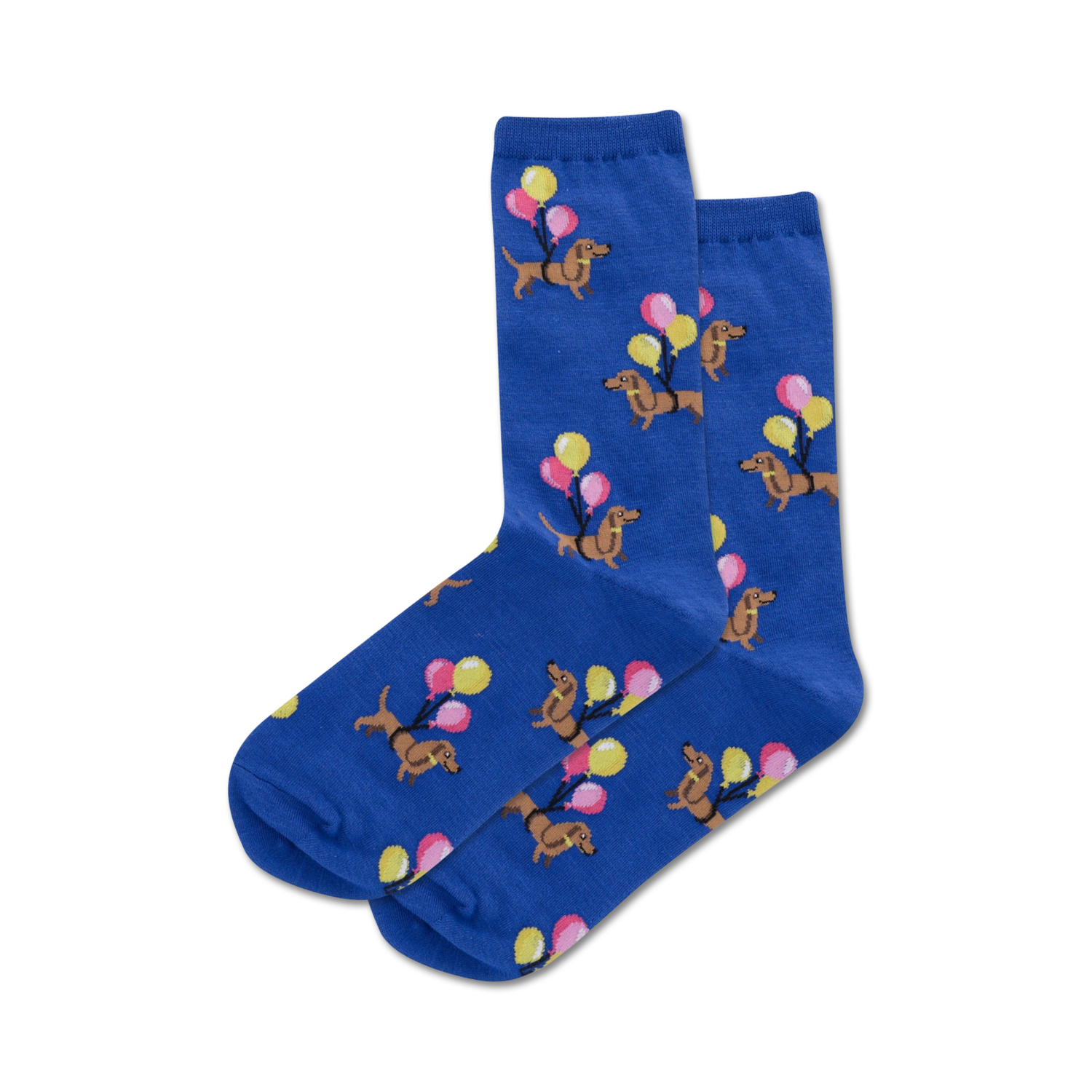 Pair of blue crew socks with adorable brown dachshunds carrying pastel balloons.