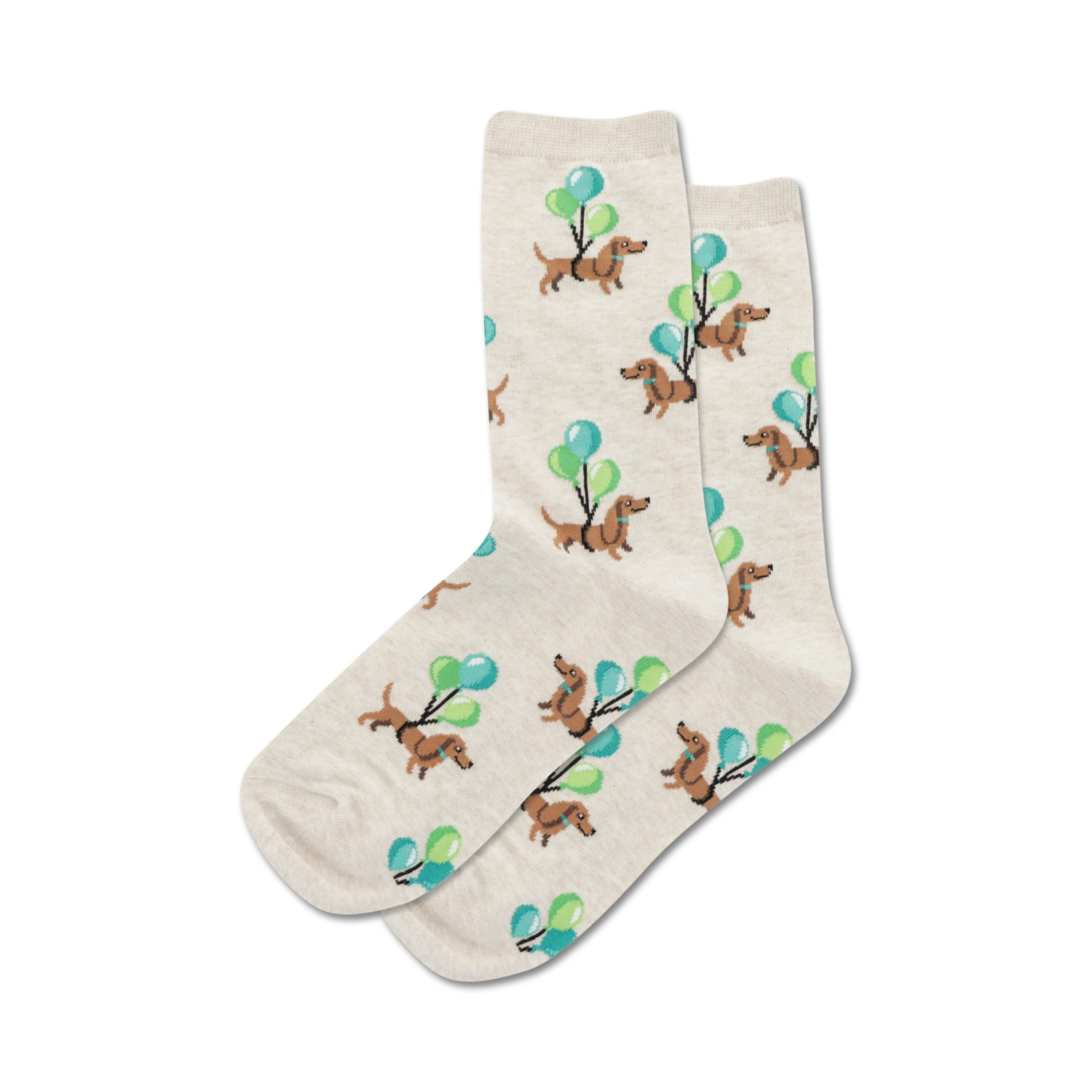 Close-up of a pair of beige crew socks featuring the same dachshund-and-balloon design, but with teal and green balloons.