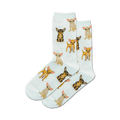 Pair of light blue crew socks covered in a pattern of brown and tan Chihuahuas. 