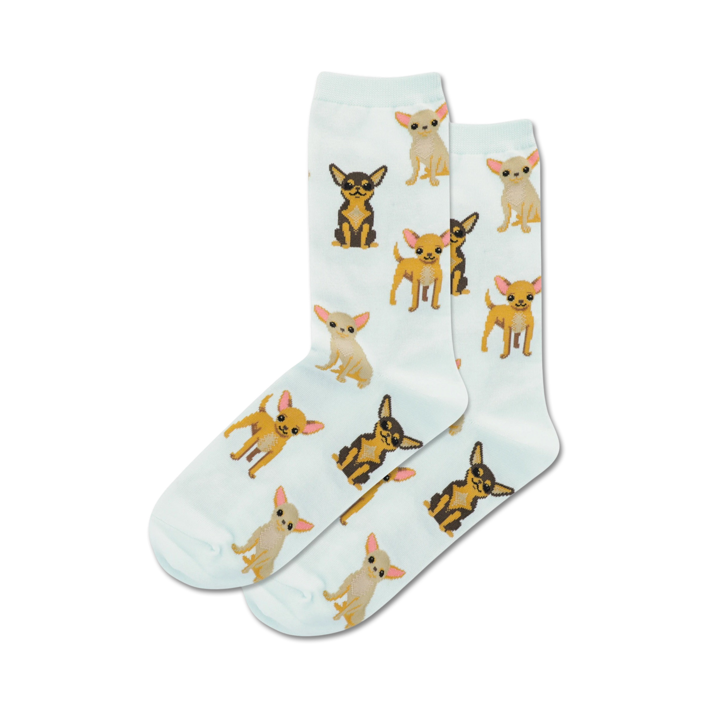 Pair of light blue crew socks covered in a pattern of brown and tan Chihuahuas. 