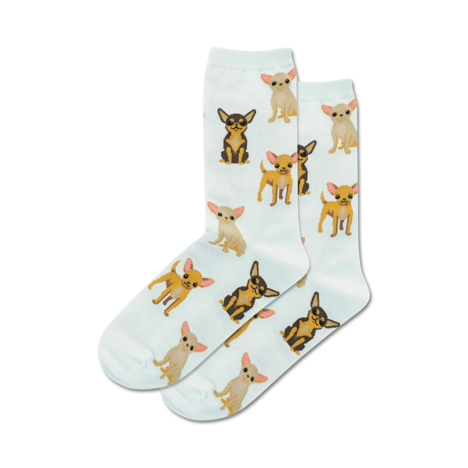 Pair of light blue crew socks covered in a pattern of brown and tan Chihuahuas. 