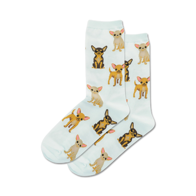 women's chihuahua pattern light blue crew socks.  