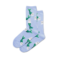 Pair of pastel blue crew socks featuring a whimsical pattern of white cats with green mermaid tails.