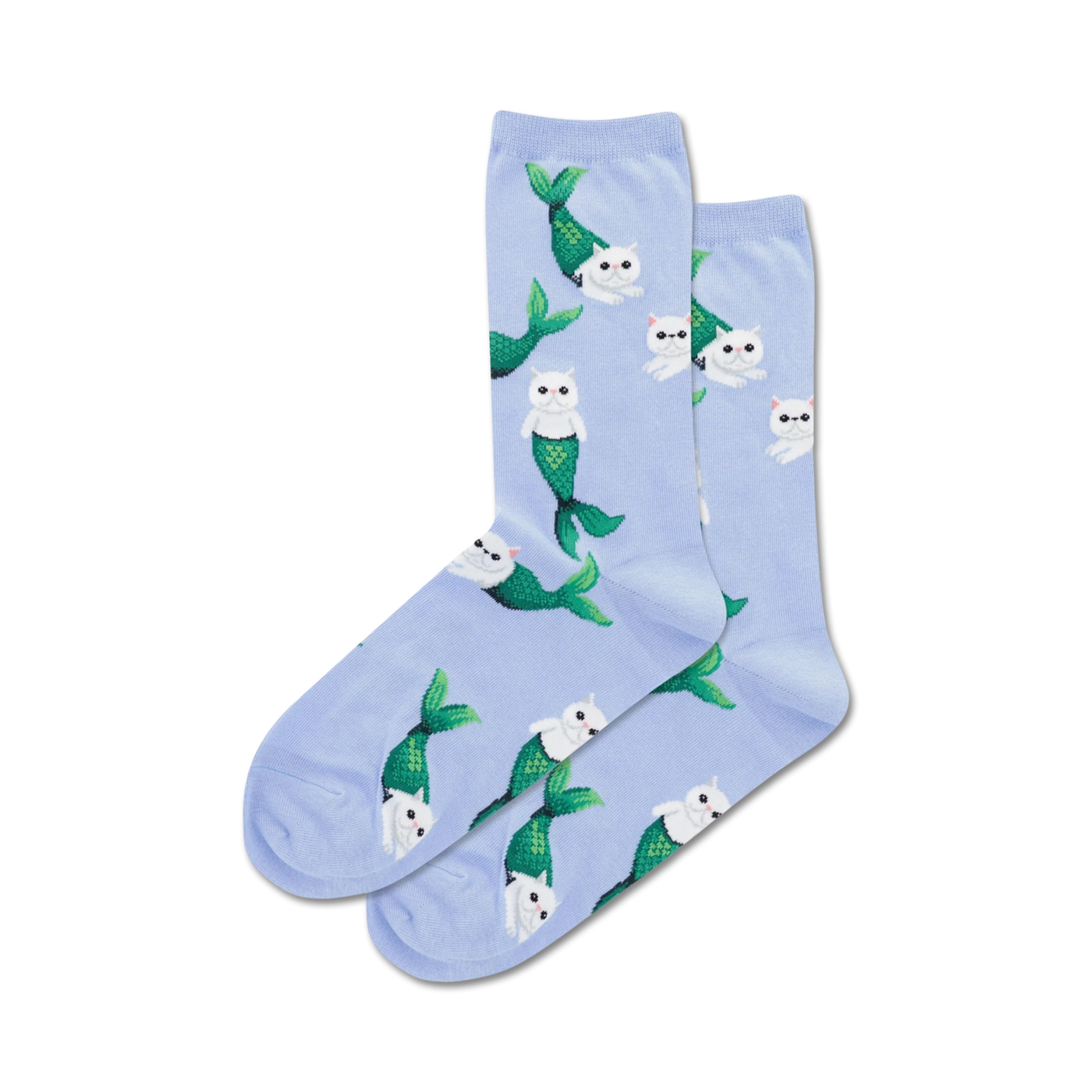 Pair of pastel blue crew socks featuring a whimsical pattern of white cats with green mermaid tails.