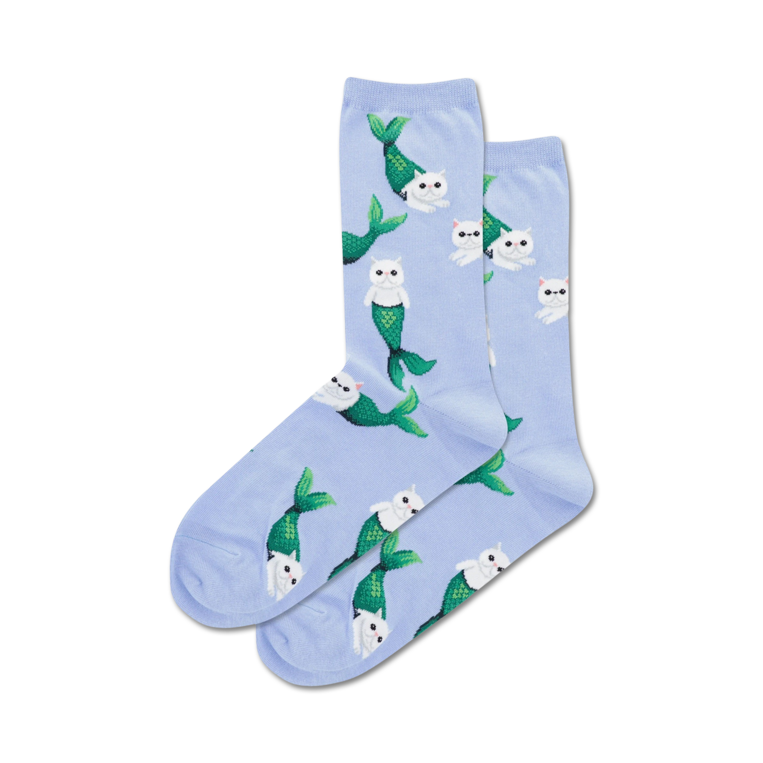 Pair of pastel blue crew socks featuring a whimsical pattern of white cats with green mermaid tails.