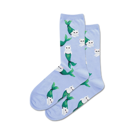 light blue crew socks with white cats with green mermaid tails pattern. women's size. mermaid theme.  