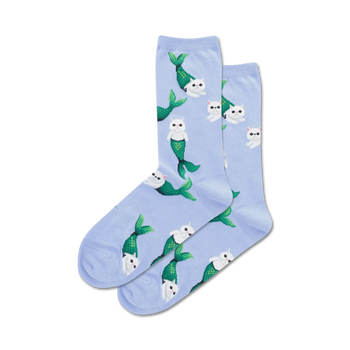 light blue crew socks with white cats with green mermaid tails pattern. women's size. mermaid theme.  