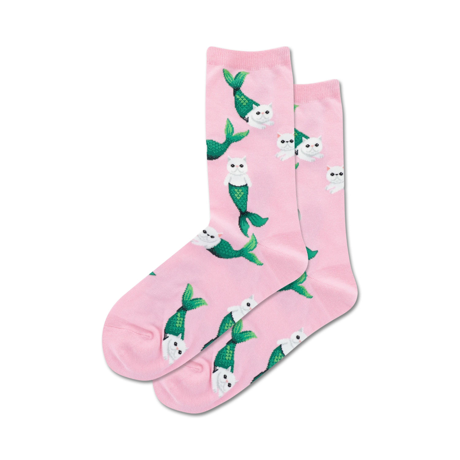 Lifestyle shot: Model wearing pink Mermaid Cat socks with jeans.