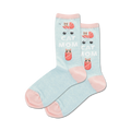 Pair of women's crew socks in light blue and pink.  Design features kittens in strollers and the text 'Cat Mom'.