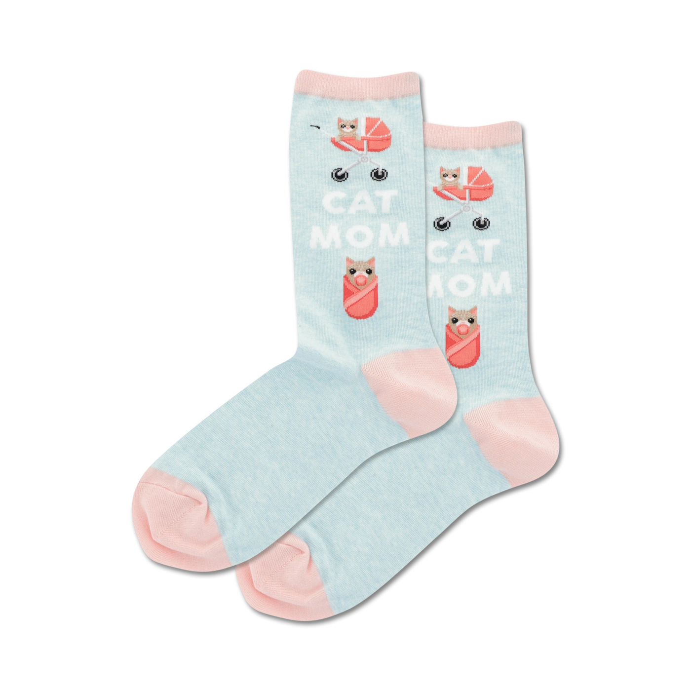 Pair of women's crew socks in light blue and pink.  Design features kittens in strollers and the text 'Cat Mom'.