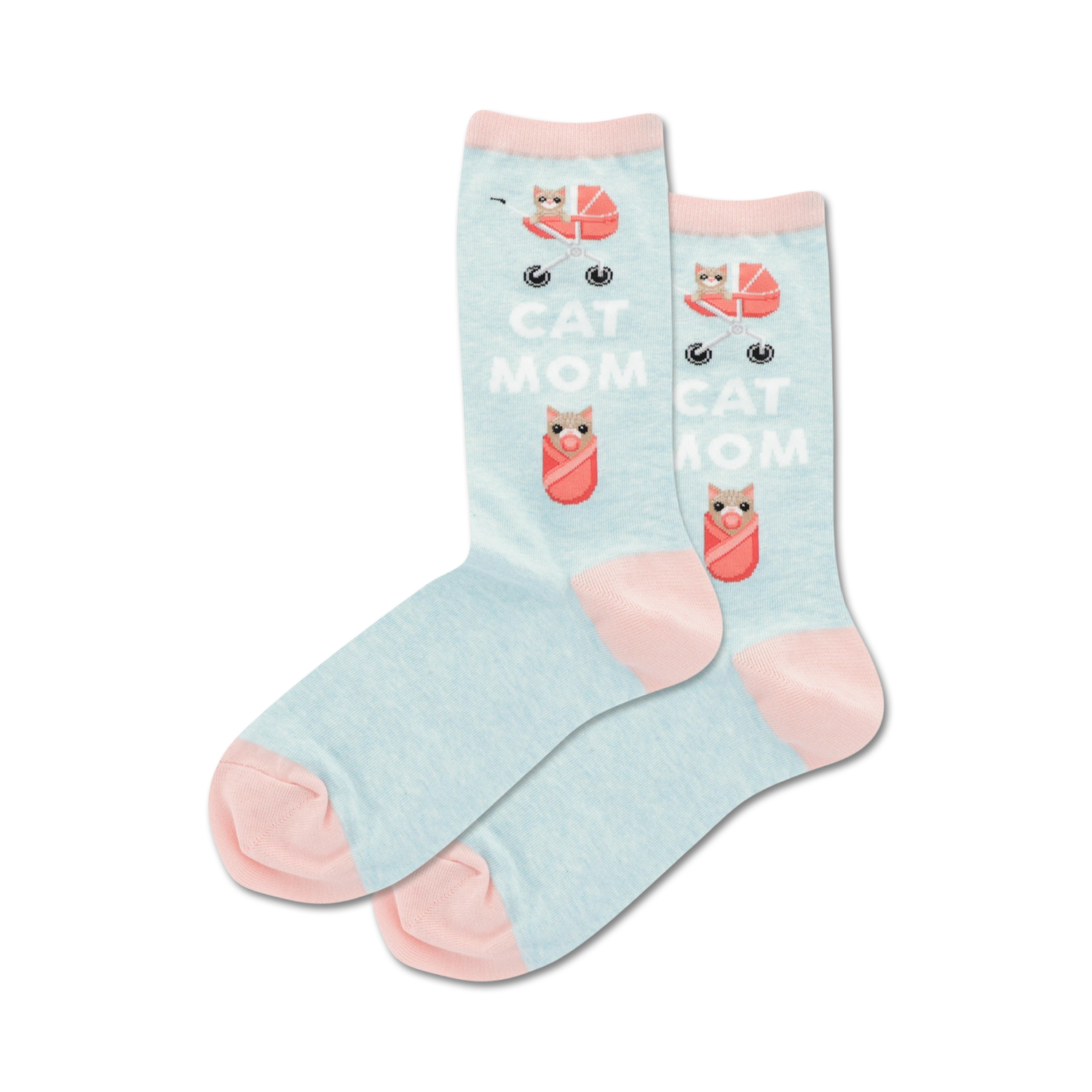 Pair of women's crew socks in light blue and pink.  Design features kittens in strollers and the text 'Cat Mom'.