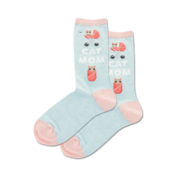 light blue crew socks with pink toe, heel, and cuff. pattern of cats pushing baby strollers with "cat mom" text.  