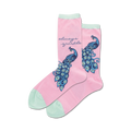 Pair of pink crew socks featuring a teal and blue peacock design and the phrase 'always sparkle' on a pink background. Mint green detailing at the heel and toe.