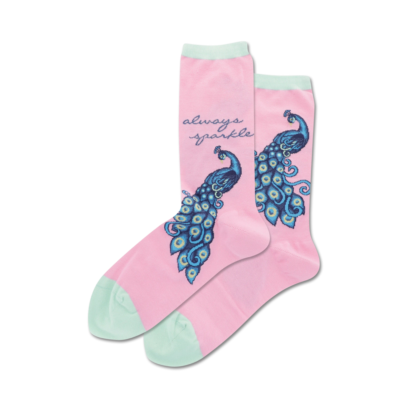 Pair of pink crew socks featuring a teal and blue peacock design and the phrase 'always sparkle' on a pink background. Mint green detailing at the heel and toe.