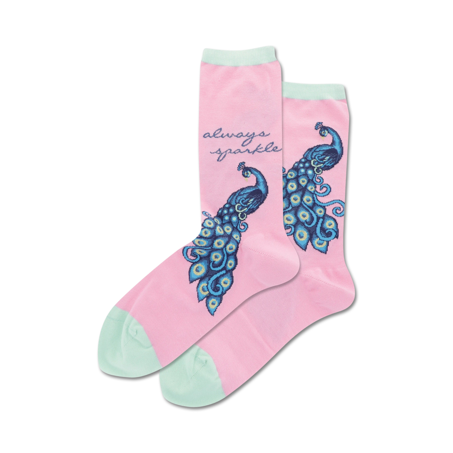 Pair of pink crew socks featuring a teal and blue peacock design and the phrase 'always sparkle' on a pink background. Mint green detailing at the heel and toe.