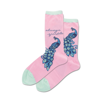 peacock crew socks in pink for women, featuring colorful peacocks and "always sparkle" message.   