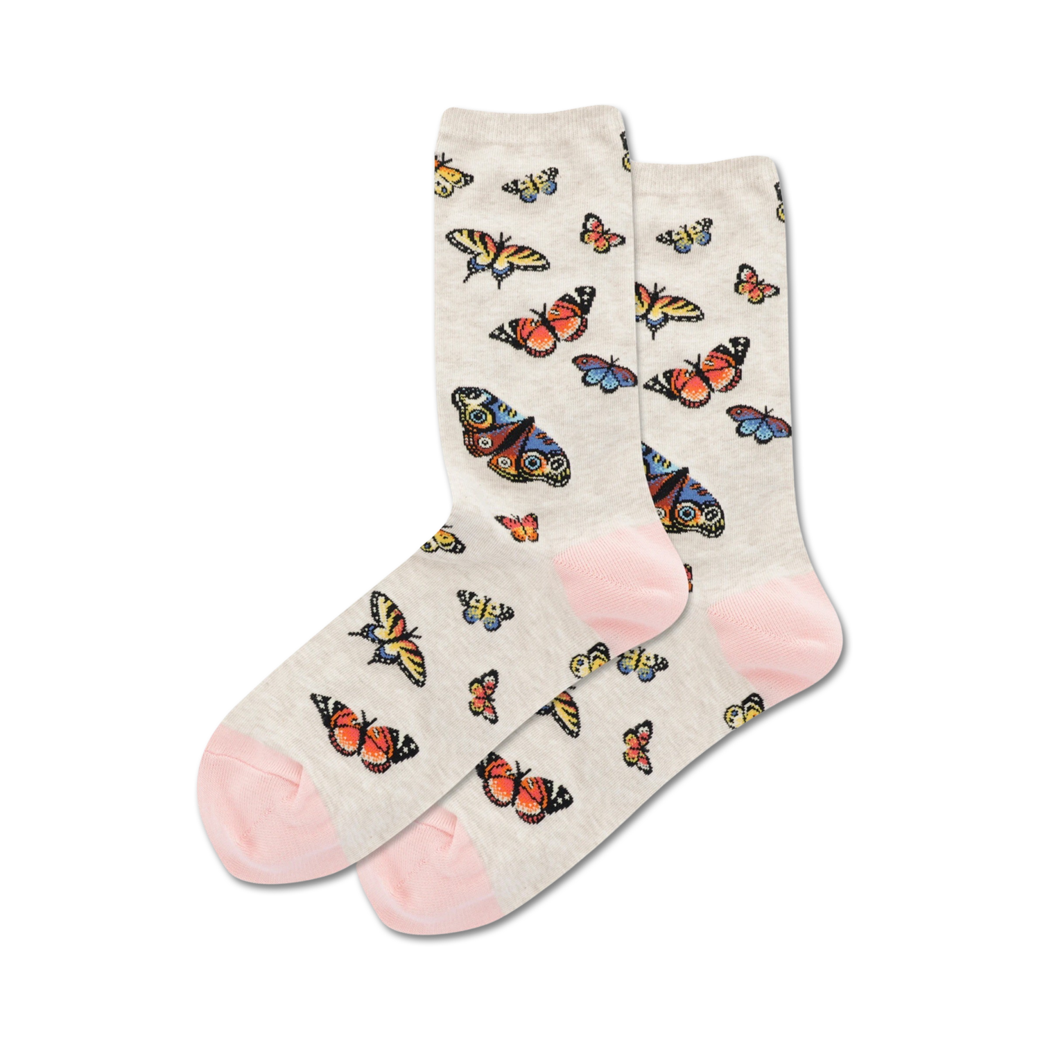 Pair of crew socks in beige with colorful butterfly pattern, pink cuffs.