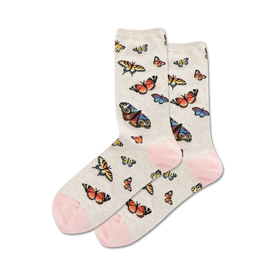  white crew socks with colorful butterfly pattern for women.  