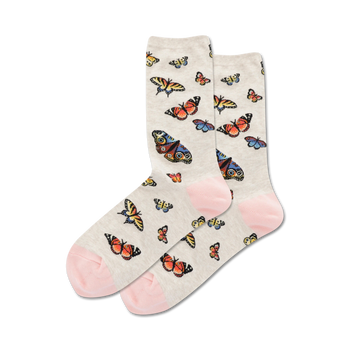  white crew socks with colorful butterfly pattern for women.  