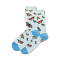 Pair of light blue crew socks with a scattered butterfly pattern and blue cuffs.