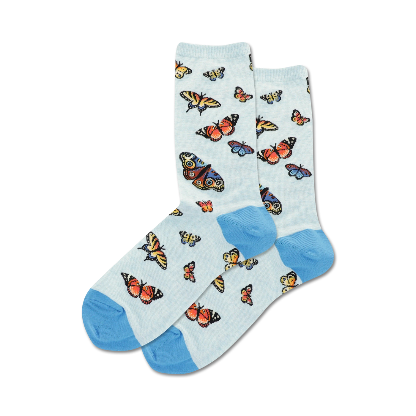 Pair of light blue crew socks with a scattered butterfly pattern and blue cuffs.