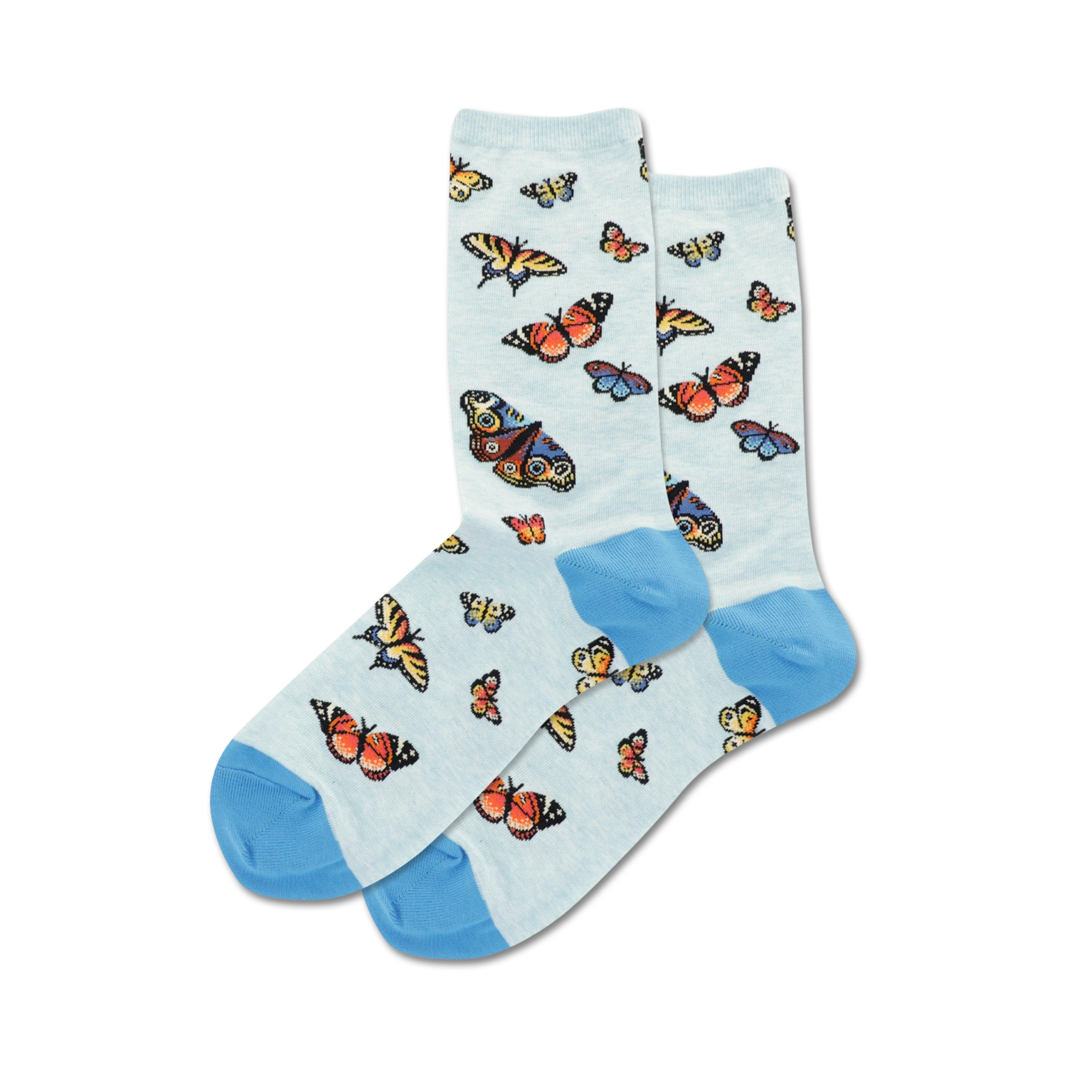 Pair of light blue crew socks with a scattered butterfly pattern and blue cuffs.