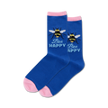 Pair of crew socks in blue with pink cuffs, featuring a bumble bee and 'Bee Happy' text.