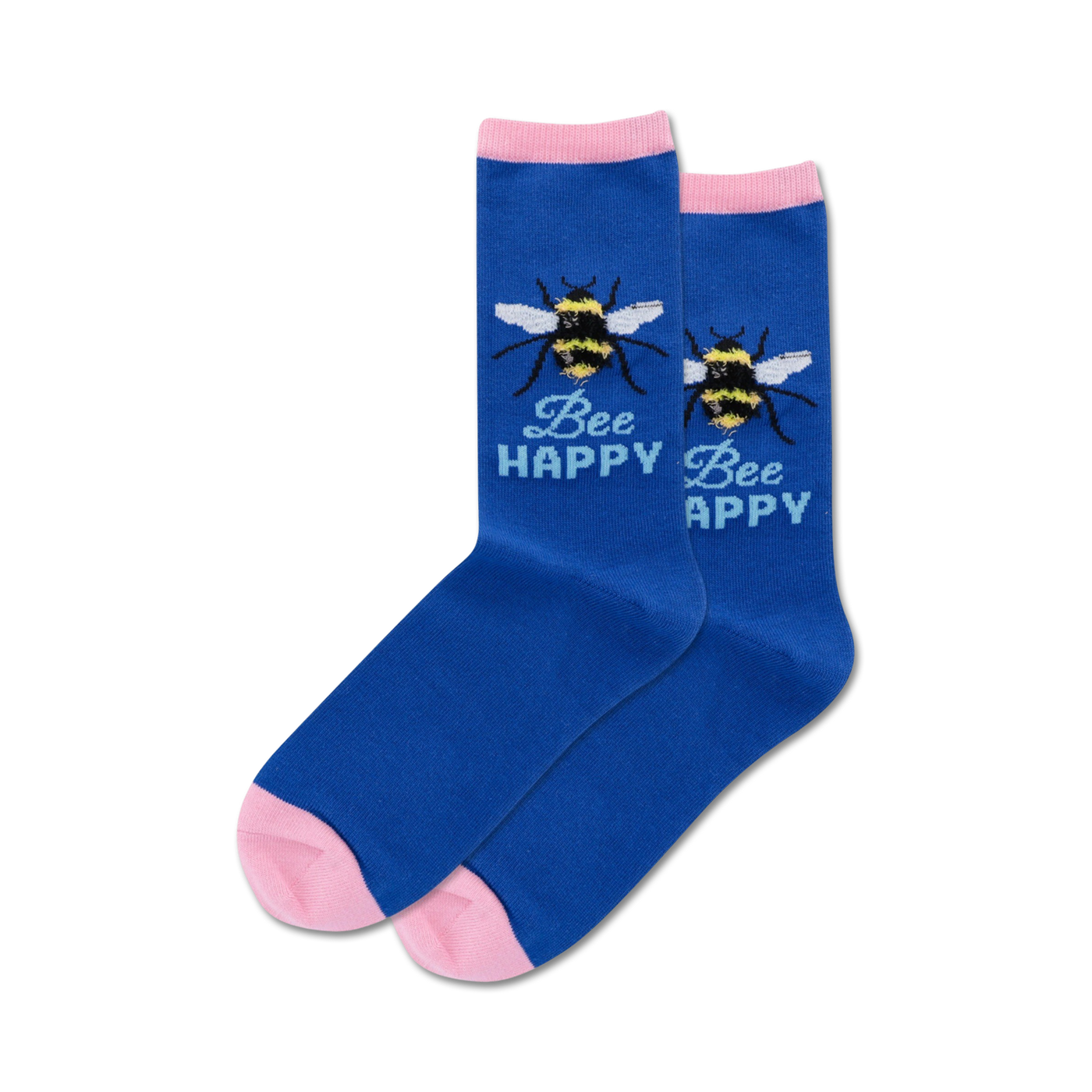 Pair of crew socks in blue with pink cuffs, featuring a bumble bee and 'Bee Happy' text.