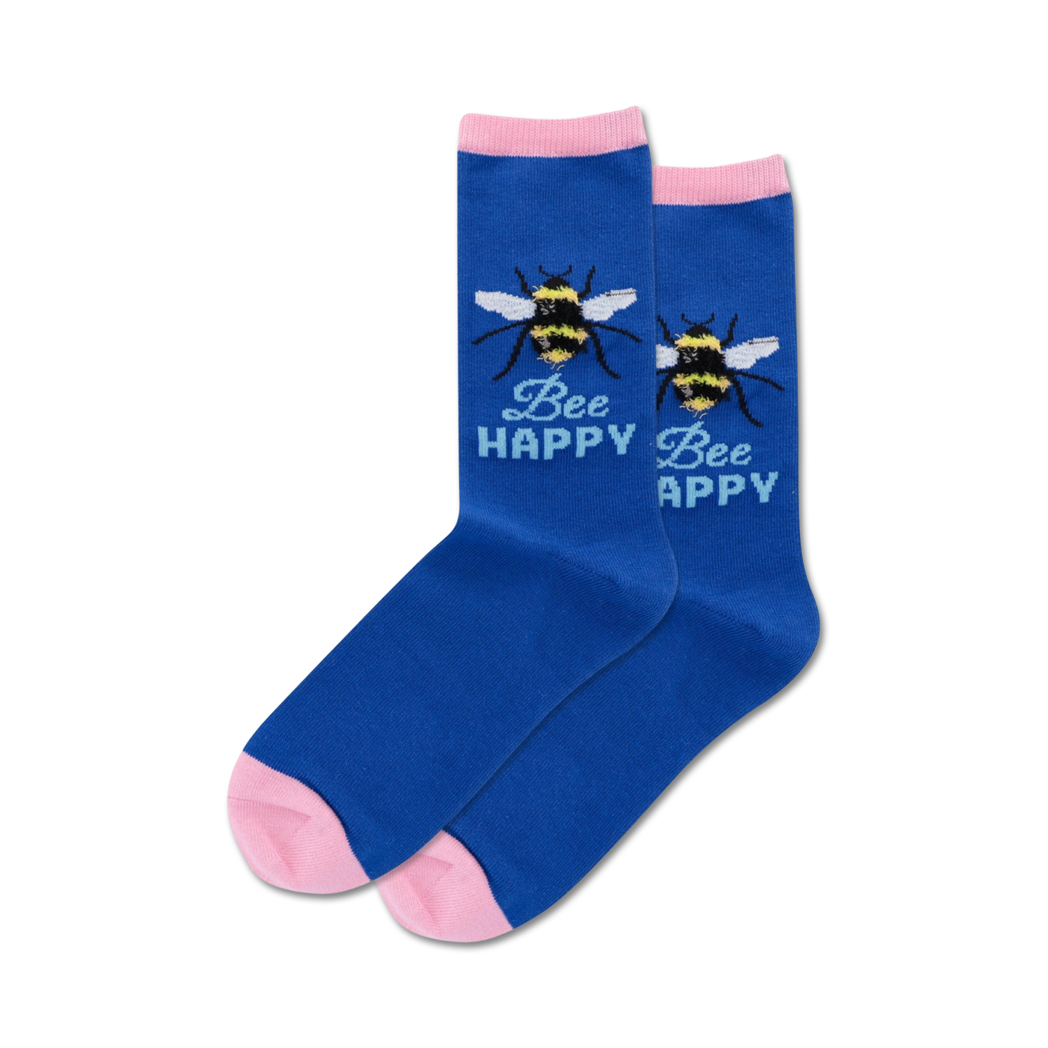 Pair of crew socks in blue with pink cuffs, featuring a bumble bee and 'Bee Happy' text.