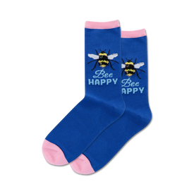 blue socks with pink toes and cuffs. bee on left sock with "bee" above it, bee on right sock with "happy" above it. women's crew socks.  