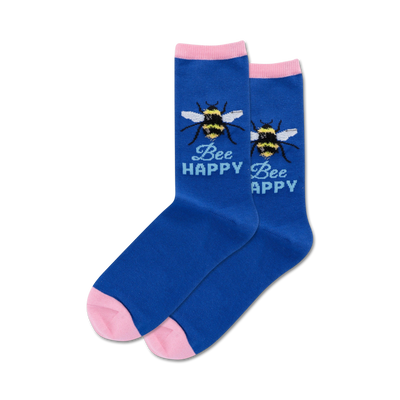 blue socks with pink toes and cuffs. bee on left sock with "bee" above it, bee on right sock with "happy" above it. women's crew socks.  