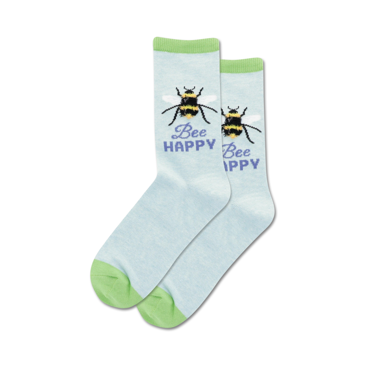 Pair of light blue crew socks with light green cuffs, showcasing bumble bees and the phrase 'Bee Happy'.