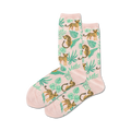 Pair of pink crew socks featuring a cheetah and tropical leaf print. Cheetahs are orange and black, leaves are teal green.