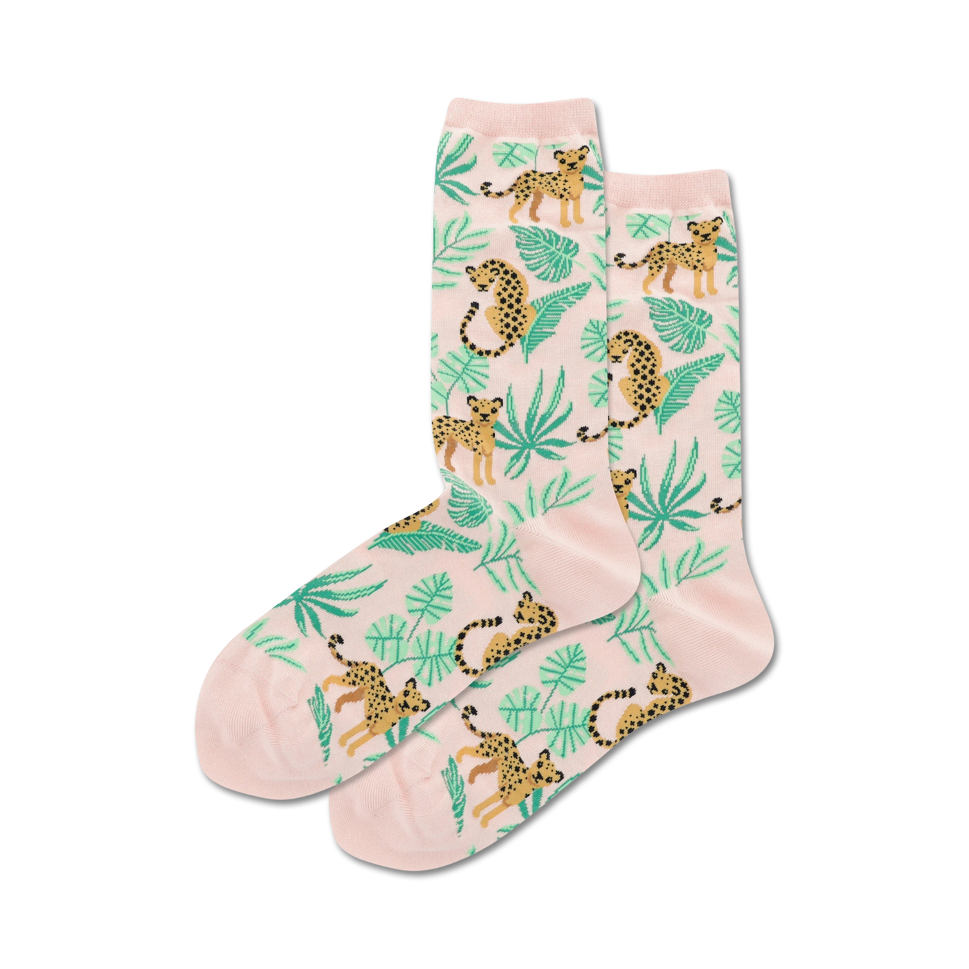 Pair of pink crew socks featuring a cheetah and tropical leaf print. Cheetahs are orange and black, leaves are teal green.