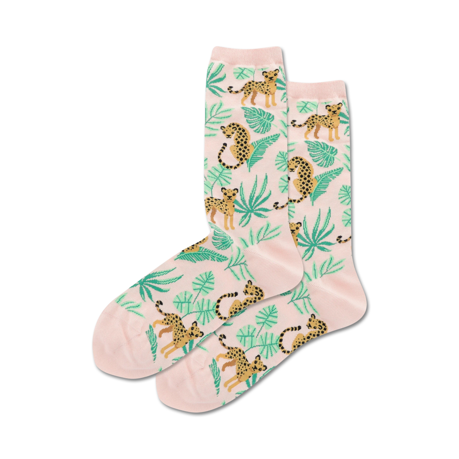 Pair of pink crew socks featuring a cheetah and tropical leaf print. Cheetahs are orange and black, leaves are teal green.