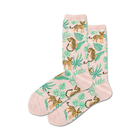 pink crew socks with a pattern of cartoon cheetahs and green leaves.  