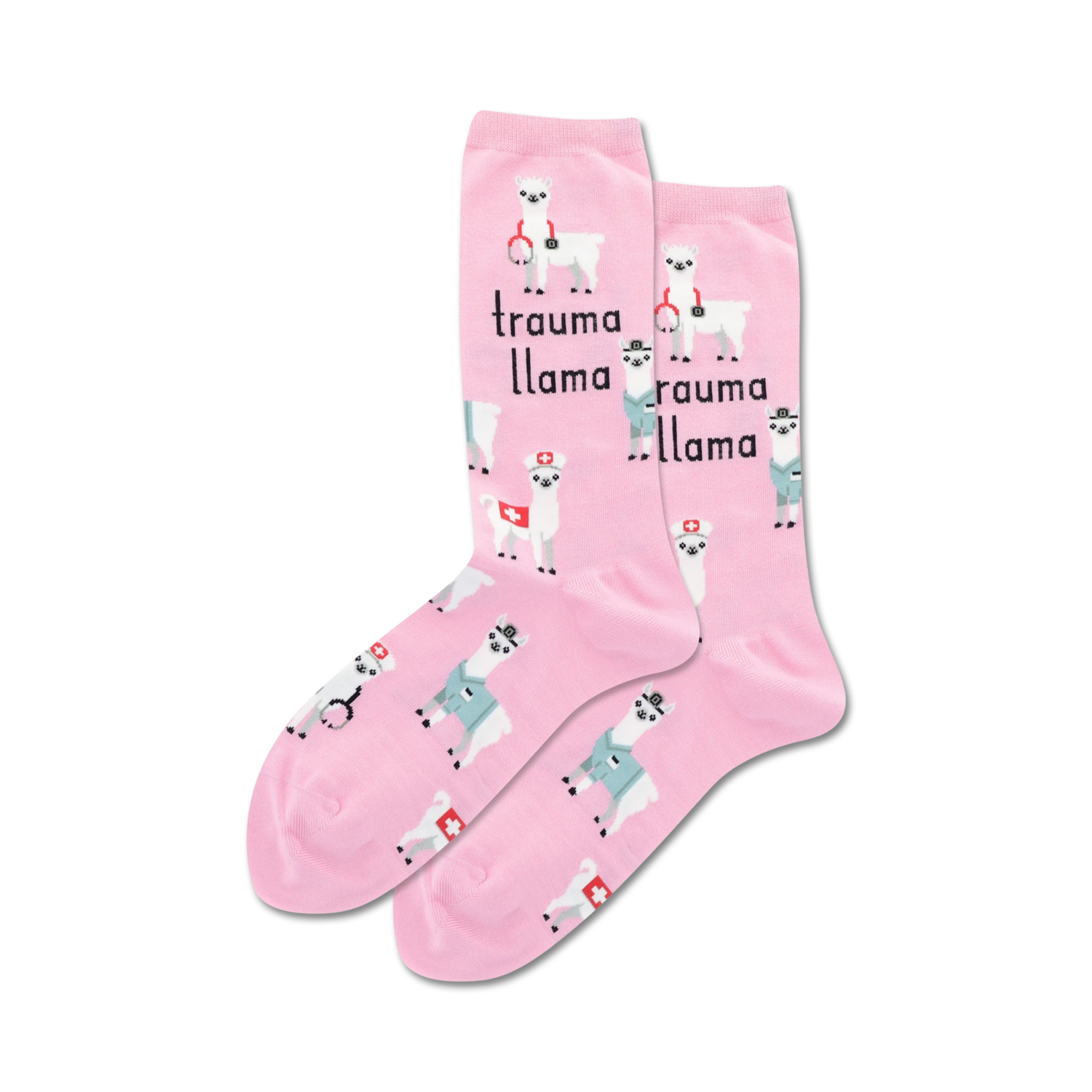 Pair of pink crew socks with repeating pattern of llamas dressed as medical professionals and the text 'trauma llama'.