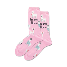 pink crew socks featuring a pattern of llamas wearing medical scrubs and stethoscopes.  