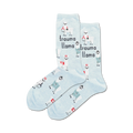 A pair of light blue crew socks with the same llama design as the pink socks.
