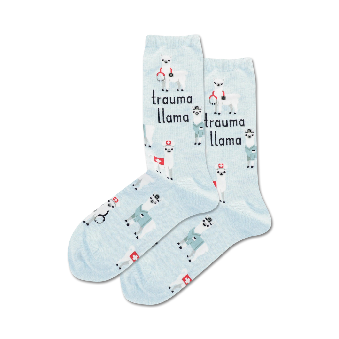 A pair of light blue crew socks with the same llama design as the pink socks.