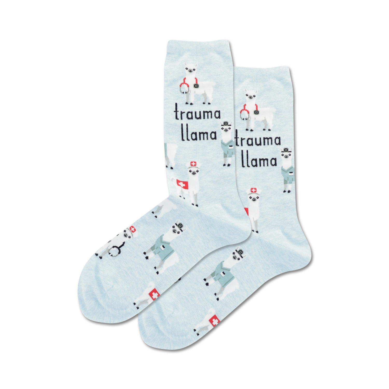 A pair of light blue crew socks with the same llama design as the pink socks.