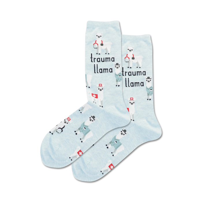   light blue crew socks with llamas in medical scrubs and stethoscopes; 