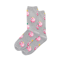 Pair of crew socks, grey and black color options, featuring a repeating pattern of pink piggy banks with coins.