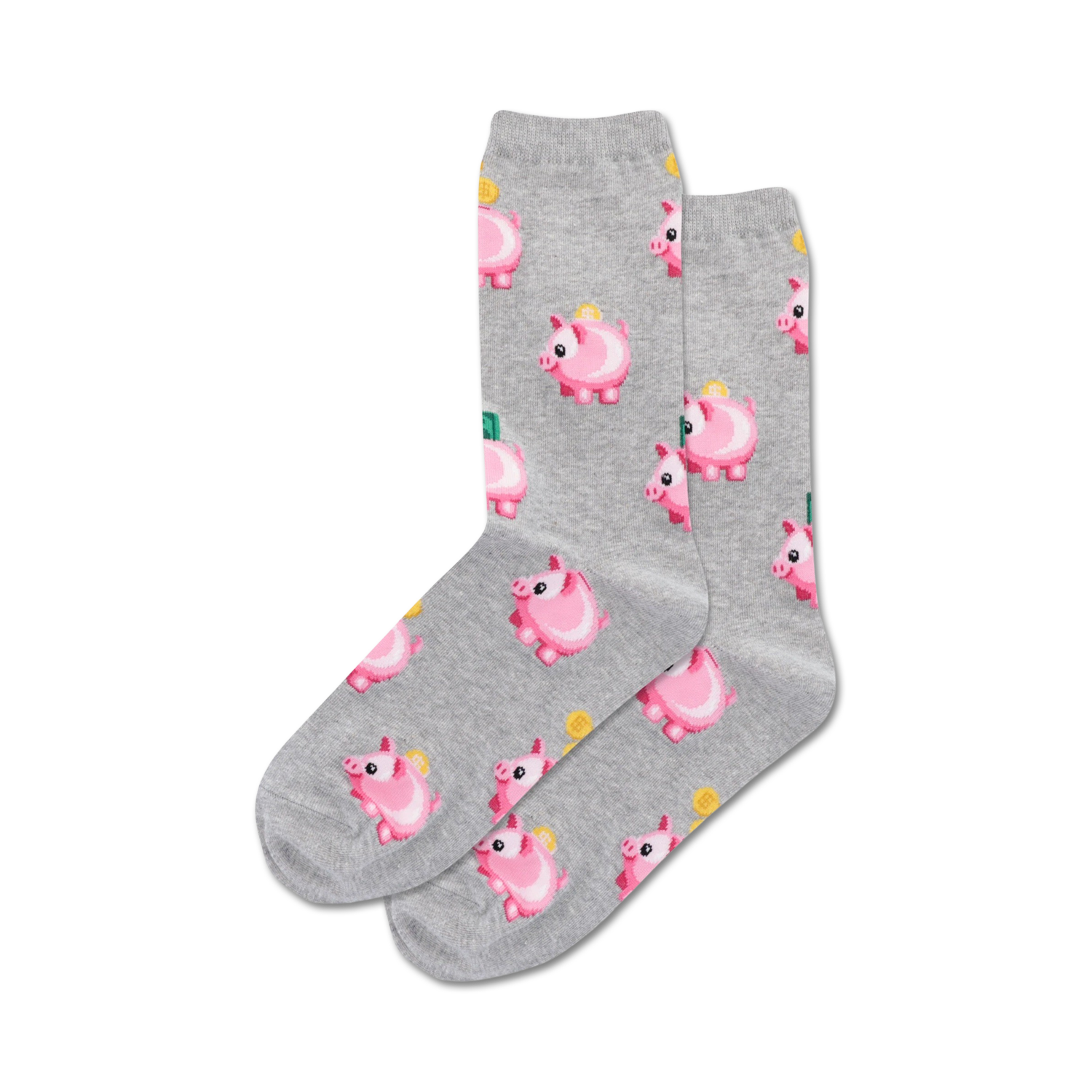 Pair of crew socks, grey and black color options, featuring a repeating pattern of pink piggy banks with coins.