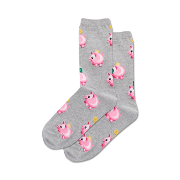 pixelated pink piggy bank pattern gray crew socks for women.  