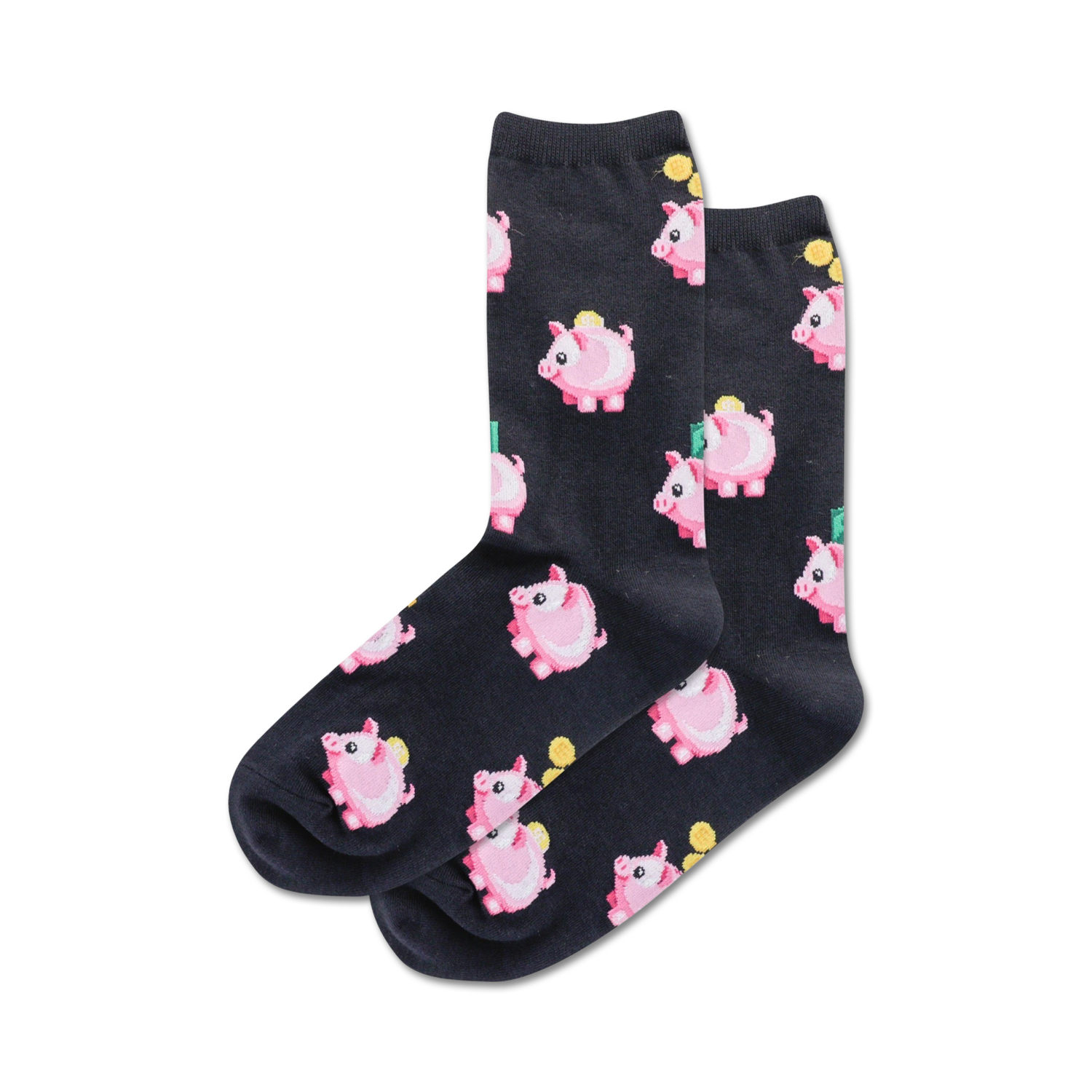 Close-up showing detail of the pink piggy bank pattern on black crew socks.