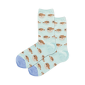 Pair of women's crew socks. Light teal background with a repeating pattern of light brown pufferfish.  Light periwinkle blue cuffs.