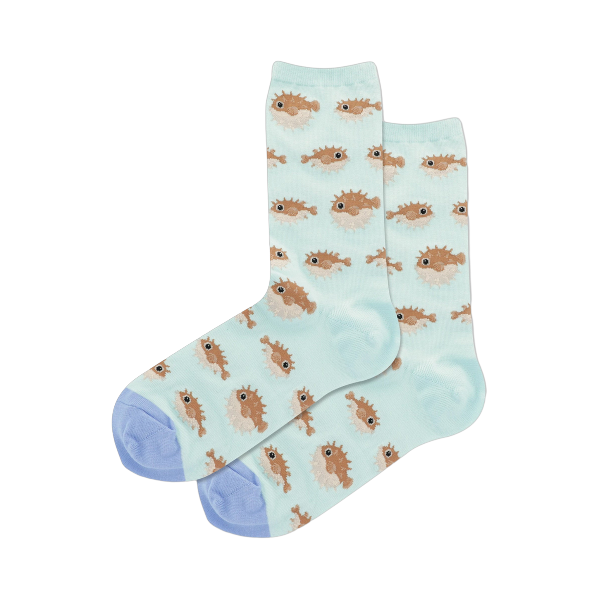 Pair of women's crew socks. Light teal background with a repeating pattern of light brown pufferfish.  Light periwinkle blue cuffs.