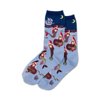 Pair of women's crew socks in light blue featuring red-haired mermaids, coral, starfish, and a sailing ship at night.