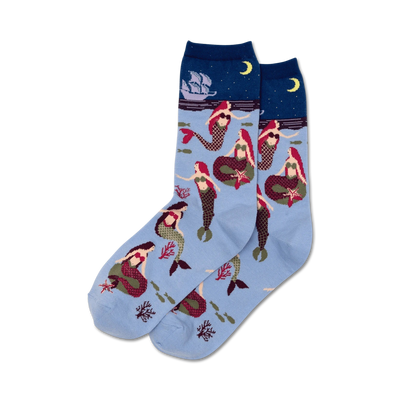 blue women's crew socks with redheaded mermaids swimming among green seaweed, starfish, and a ship.   